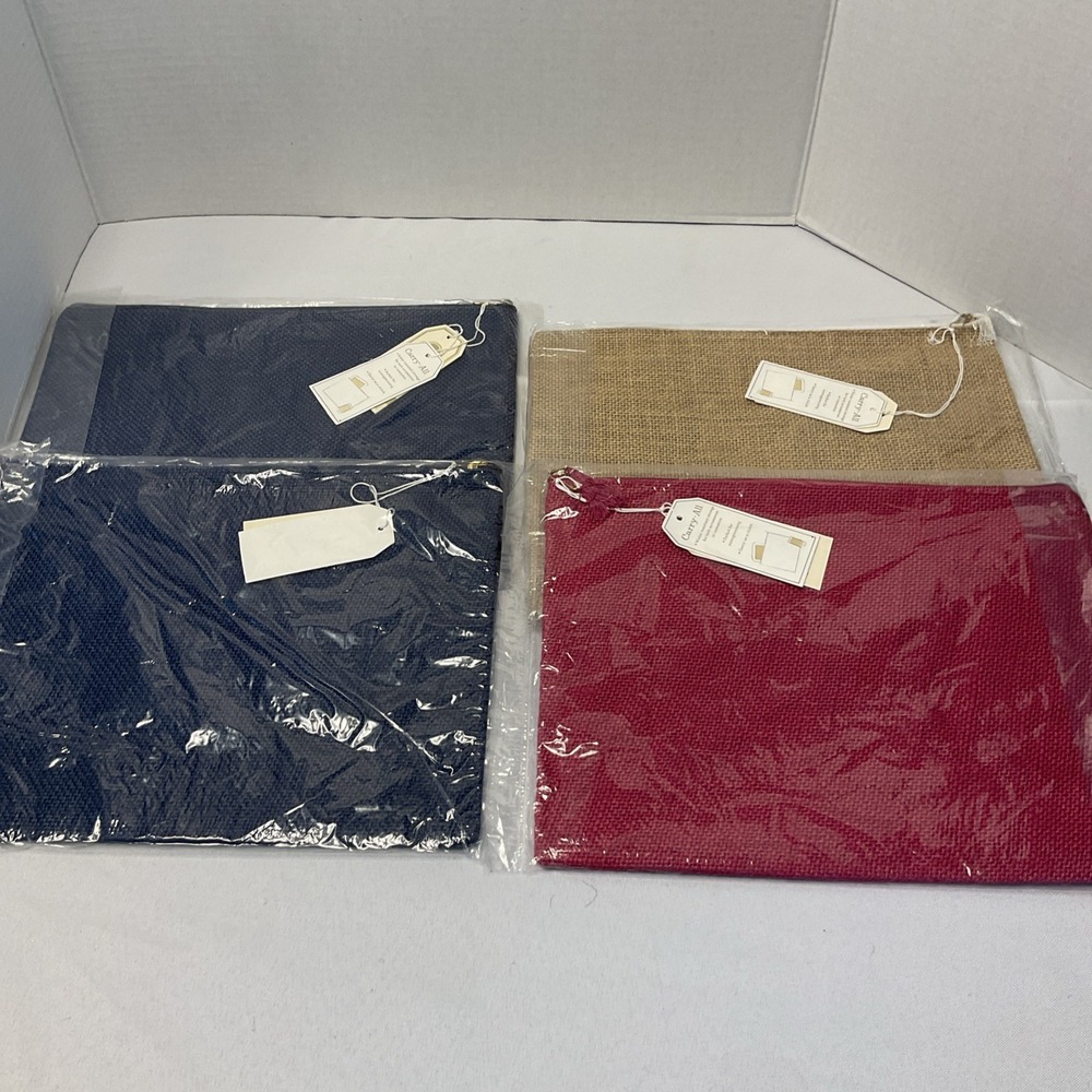 Mud‎ Pie Burlap Jute Navy Tan Pink Craft Make Up Bag Carrying Case Zip Up Set 4 - Picture 3 of 4